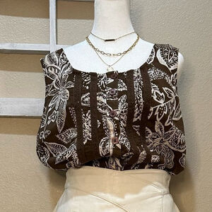Van Heusen Brown Cream Floral Sleeveless Blouse - Size Large EUC